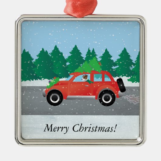 Jack Russell Terrier Driving Car Tree op top Metalen Ornament (Voorkant)