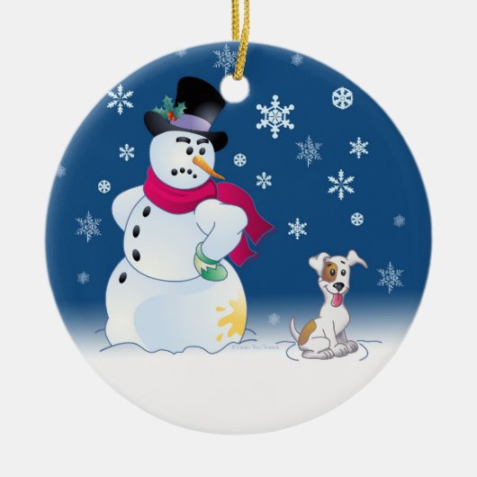 Jack Russell Terrier en Snowman Keramisch Ornament (Voorkant)