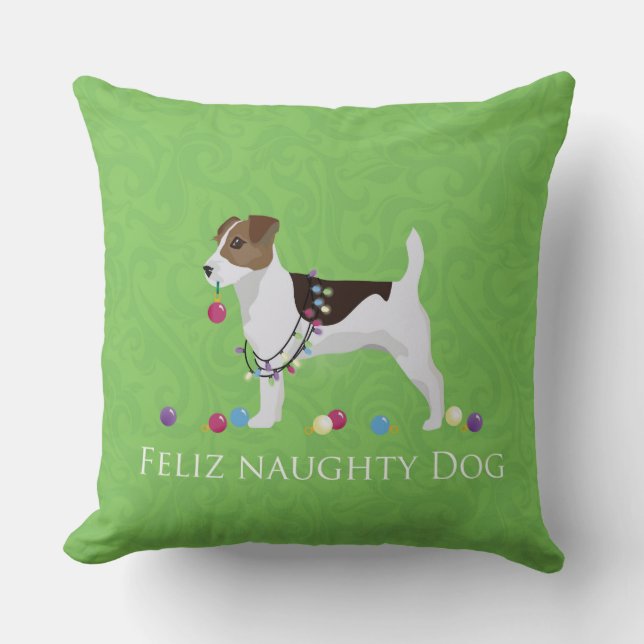 Jack Russell Terrier Feliz Naughty Dog Kerstmis Kussen (Voorkant)