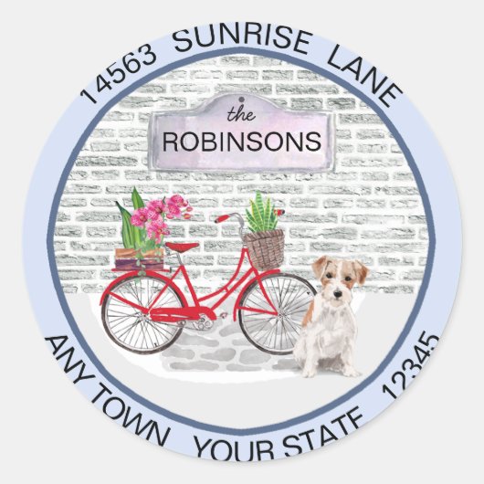 Jack Russell Terrier Fiets Nieuw adres Ronde Sticker (Voorkant)