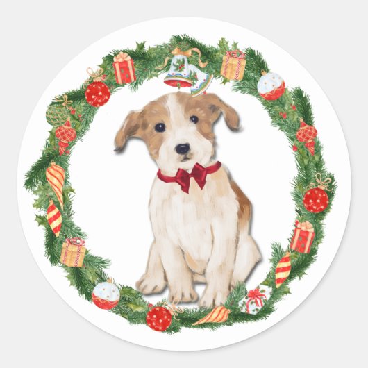 Jack Russell Terrier Kerst Ornament Krans Ronde Sticker (Voorkant)