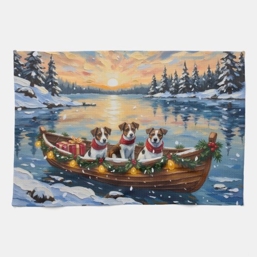 Jack Russell Terrier Kerstboot Vakantie Theedoek (Horizontaal)