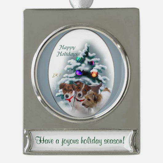 Jack Russell Terrier Persoonlijke Kerstmis Verzilverd Banner Ornament (Voorkant)