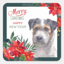 Jack Russell Terrier Poinsettia Border Kerstmis Vierkante Sticker