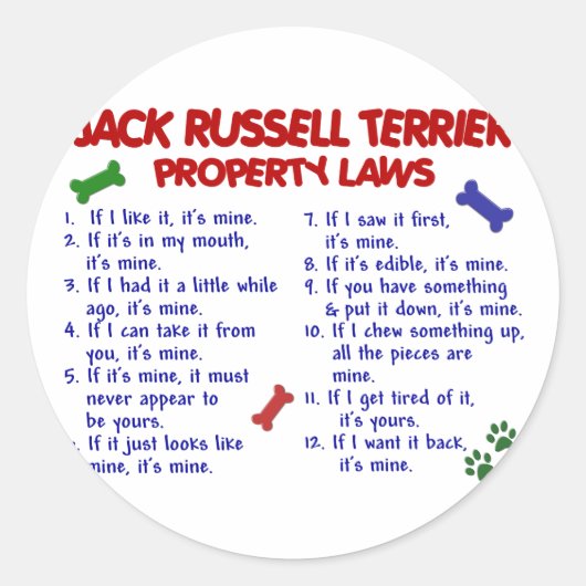 JACK RUSSELL TERRIER Property Laws 2 Ronde Sticker (Voorkant)