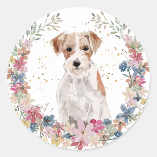 Jack Russell Terrier Spring Flowers Wreath Ronde Sticker (Voorkant)