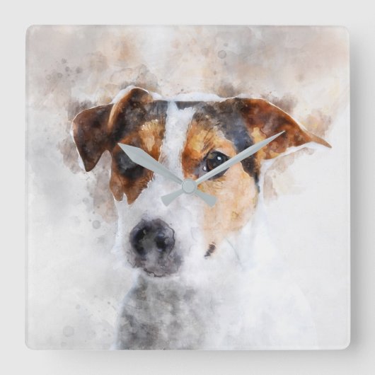 Jack Russell Terrier Waterverf Art Vierkante Klok (Voorkant)
