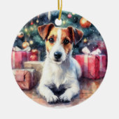 Jack Russell Terrier Waterverf Scène Kerstmis Keramisch Ornament (Voorkant)