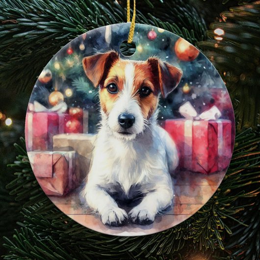 Jack Russell Terrier Waterverf Scène Kerstmis Keramisch Ornament