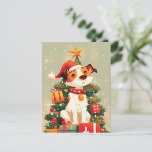 Jack Russell Terrier with Christmas Tree and Gifts Feestdagenkaart (Staand voorkant)
