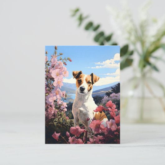 Jack Russell Terrier's Floral Haven Briefkaart (Staand voorkant)