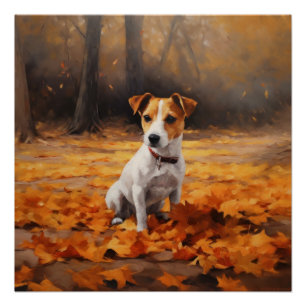 Jack Russell tussen vallende herfstbladeren inspir Perfect Poster