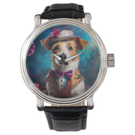 Jack Russell, wit pet, roze bloem Horloge