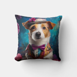 Jack Russell, wit pet, roze bloem Kussen