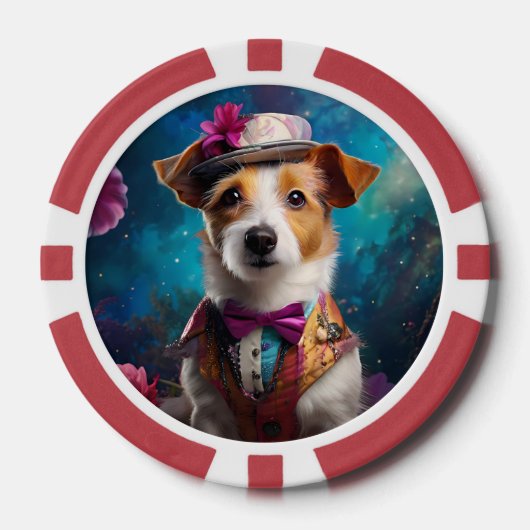 Jack Russell, wit pet, roze bloem Poker Chips (Voorkant)