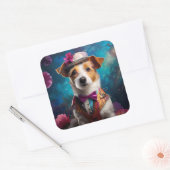 Jack Russell, wit pet, roze bloem Vierkante Sticker (Envelop)