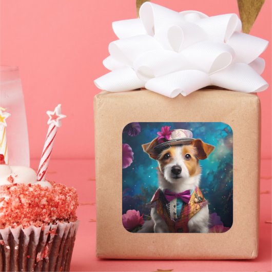 Jack Russell, wit pet, roze bloem Vierkante Sticker (Feest)