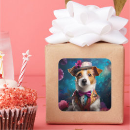 Jack Russell, wit pet, roze bloem Vierkante Sticker