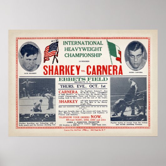 Jack Sharkey versus Primo Carnera Boxing Poster (Voorkant)