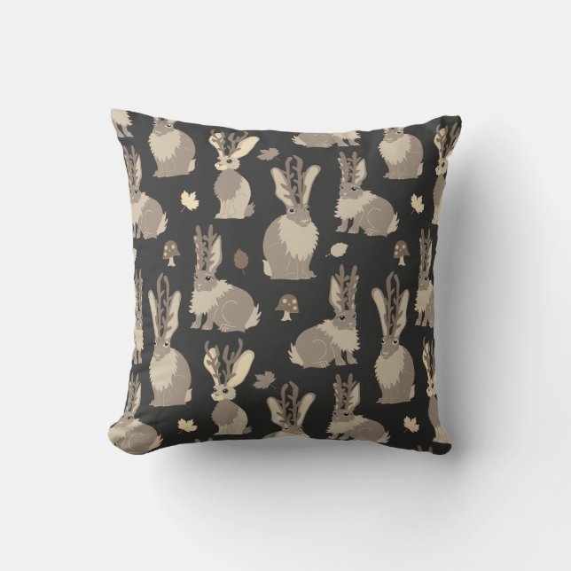 Jackalope Forest Funny Mythical Rabbit Print Black Kussen (Voorkant)