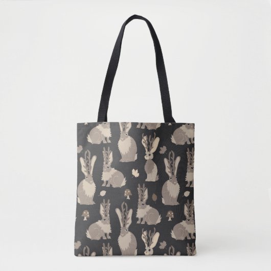 Jackalope Forest Funny Mythical Rabbit Print Black Tote Bag (Voorkant)