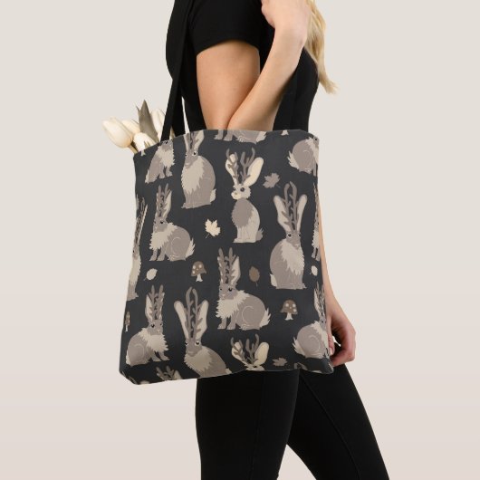 Jackalope Forest Funny Mythical Rabbit Print Black Tote Bag (Dichtbij)