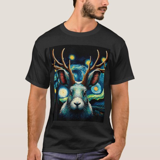Jackalope Under Starry Night Sky Art Christmas fri T-shirt (Voorkant)