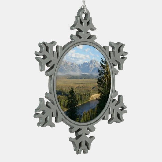 Jackson Hole Mountains en River Tin Sneeuwvlok Ornament (Links)