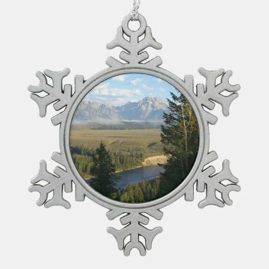 Jackson Hole Mountains en River Tin Sneeuwvlok Ornament (Voorkant)