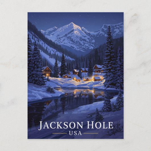 Jackson Hole Winter Nacht Sneeuw Briefkaart (Voorkant)