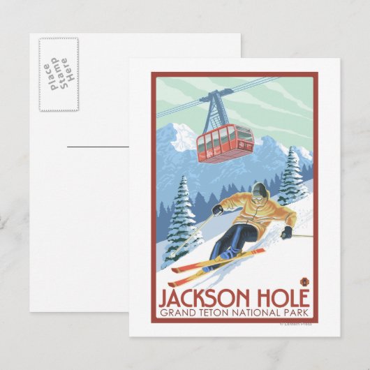 Jackson Hole, Wyoming Skier en Tram Briefkaart (Voorkant / Achterkant)