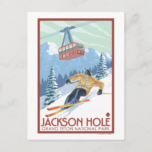 Jackson Hole, Wyoming Skier en Tram Briefkaart (Voorkant)