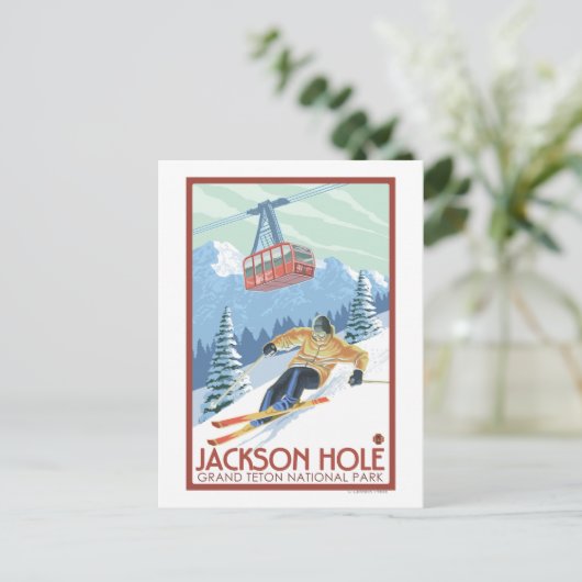 Jackson Hole, Wyoming Skier en Tram Briefkaart (Staand voorkant)