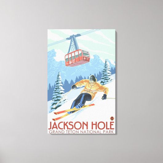 Jackson Hole, Wyoming Skier en Tram Canvas Afdruk (Voorkant)