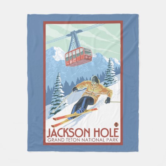 Jackson Hole, Wyoming Skier en Tram Fleece Deken (Voorkant)