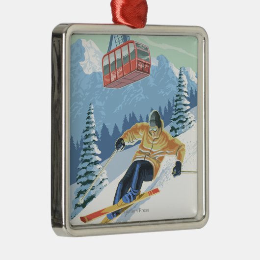 Jackson Hole, Wyoming Skier en Tram Metalen Ornament (Rechts)