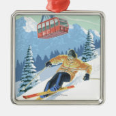Jackson Hole, Wyoming Skier en Tram Metalen Ornament (Voorkant)