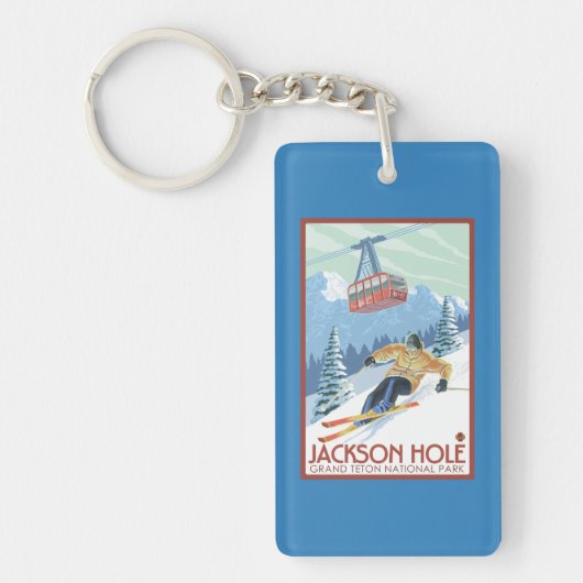 Jackson Hole, Wyoming Skier en Tram Sleutelhanger (Voorkant)