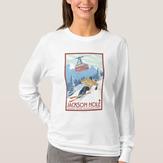 Jackson Hole, Wyoming Skier en Tram T-shirt (Voorkant)