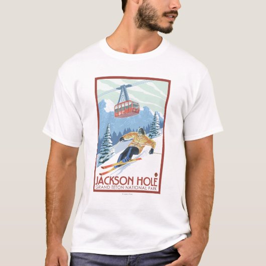 Jackson Hole, Wyoming Skier en Tram T-shirt (Voorkant)