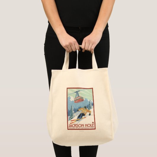 Jackson Hole, Wyoming Skier en Tram Tote Bag (Voorkant (product))