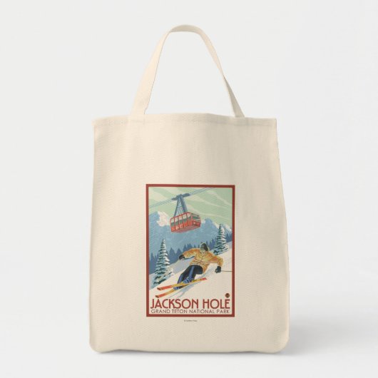 Jackson Hole, Wyoming Skier en Tram Tote Bag (Voorkant)