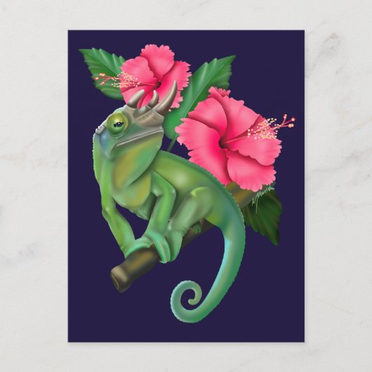 Jacksons Kameleon met Hibiscus  Briefkaart (Voorkant)
