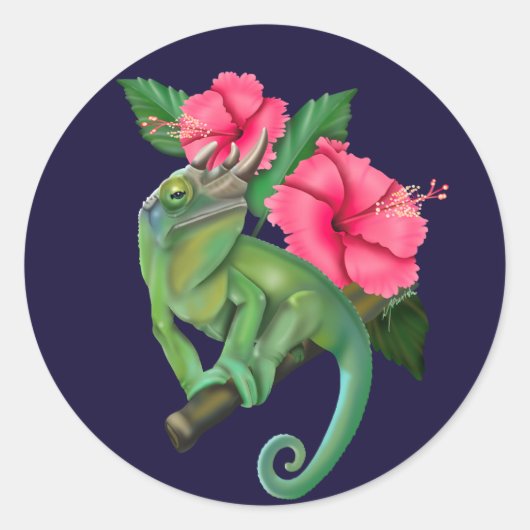 Jackson's kameleon met Hibiscus Ronde Sticker (Voorkant)