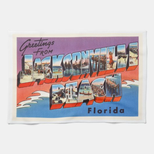 Jacksonville Beach Florida FL Old Travel Souvenir Theedoek (Horizontaal)