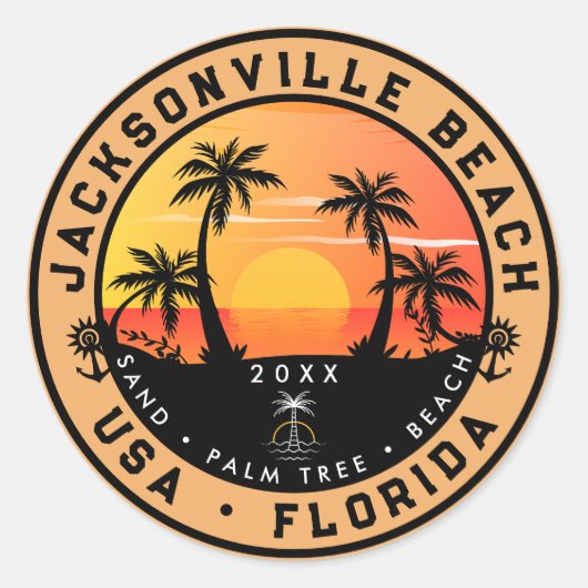 Jacksonville Beach Florida tropische retro zonsond Ronde Sticker (Voorkant)