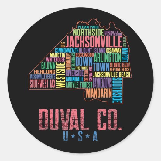 Jacksonville Duval County Florida Map USA Ronde Sticker (Voorkant)