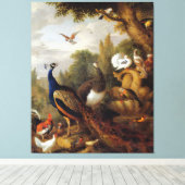 Jacob Bogdani Peacock Peahen Parrots Canary Canvas Afdruk (Insitu (Houten vloer))