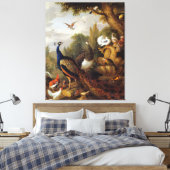 Jacob Bogdani Peacock Peahen Parrots Canary Canvas Afdruk (Insitu (Slaapkamer))
