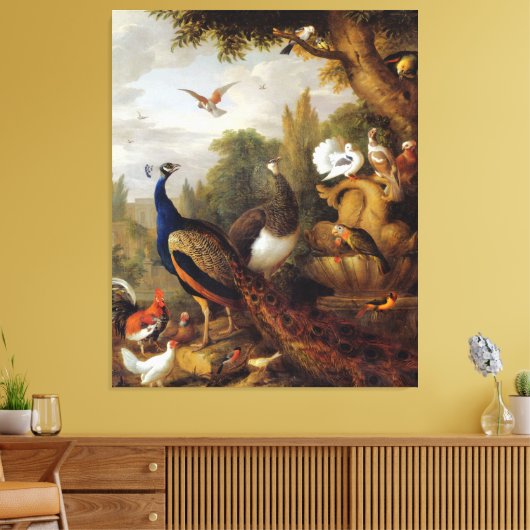Jacob Bogdani Peacock Peahen Parrots Canary Canvas Afdruk (Insitu (Woonkamer))